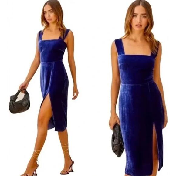 REFORMATION Navy Sleeveless Midi Dress Velvet Square Neck High Slit Danube NWT - Picture 4 of 14